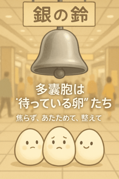 銀の鈴の前で、たくさんの卵たちが静かに待っているイラスト。「多嚢胞は、待っている卵たち。焦らず、温めて、整えて」というメッセージが添えられ、多嚢胞性卵巣と漢方による体質改善を象徴している。