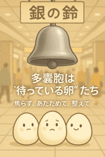 「多嚢胞は待っている卵たち。焦らず、温めて、整えて」という文字が添えられたイラスト。銀の鈴の前で、かわいらしい卵たちが3つ並んで静かに待っている様子が描かれ、やさしく希望を感じる雰囲気の作品。