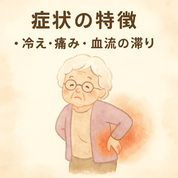 「冷え・痛み・血流の滞り」と文字が添えられたイラスト。
脊柱管狭窄症による坐骨神経痛で腰に手を当て、痛みを感じている70代の女性が描かれている。
冷えによる血行不良やしびれを表現した柔らかなタッチのイラストで、漢方による体の温めと血流改善の重要性を示している。