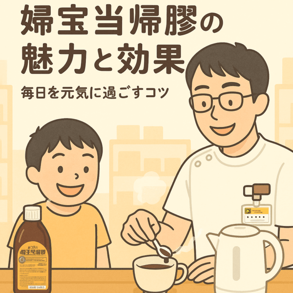 白衣を着た薬剤師の男性が薬局のカウンターで婦宝当帰膠をお湯に溶かしているイラスト。隣には笑顔の男の子が座り、その様子を楽しそうに見ている。木のテーブルの上に婦宝当帰膠の瓶と湯気の立つカップがあり、温かく穏やかな雰囲気の水彩風デザイン。