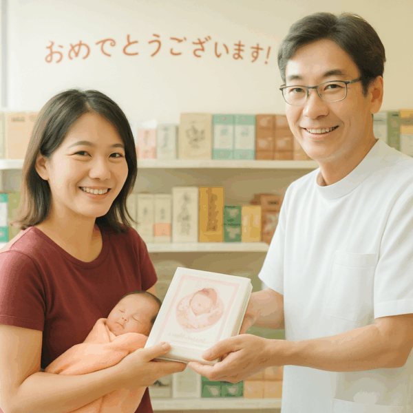 出産後のお客様に、薬剤師が笑顔でピンクのアルバムを手渡している様子。高プロラクチン血症の漢方周期療法で妊娠・出産された方へのお祝いの場面。こちらはイメージです。