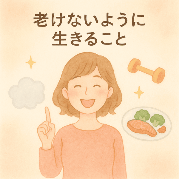 妊活中の女性が朝の光の中で伸びをしている水彩画風イラスト。テーブルには湯気の立つ白湯と野菜、味噌汁の朝食が並び、窓から柔らかな光が差し込む。老けないように生きることでミトコンドリアと卵子の質を守る、健康的で前向きな妊活のイメージ。