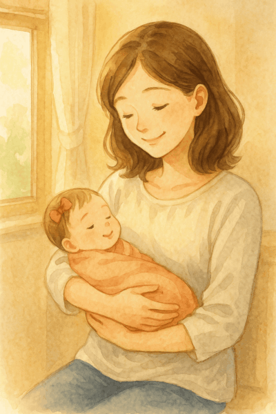 赤ちゃんを優しく抱きしめ、穏やかな笑顔を見せる若い母親の水彩イラスト。柔らかな光が差し込み、出産後の安心感と家族のあたたかさが伝わる。
