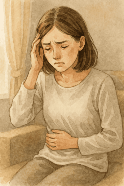 下腹部を押さえて不安そうな表情を見せる若い女性の水彩イラスト。繰り返す膣の不調やカンジダ膣炎に悩む姿を、やさしいタッチで表現している。