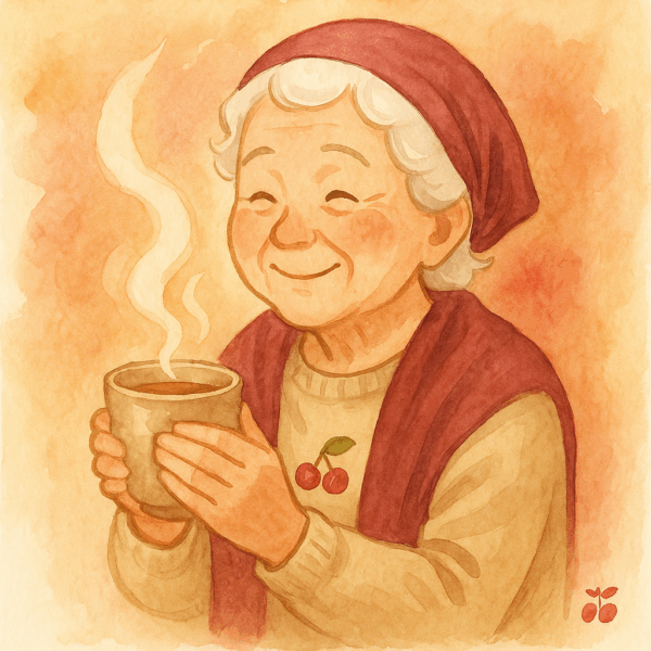 にっこりと微笑みながら、湯気の立つ漢方茶を飲んでいる女性のイラスト。
手には湯のみを持ち、体が温まり血の巡りがよくなるような穏やかな表情。
背景には柔らかな光と温かみのある色合いが広がり、冷えや痛みを和らげる漢方のぬくもりと安心感を表現している。