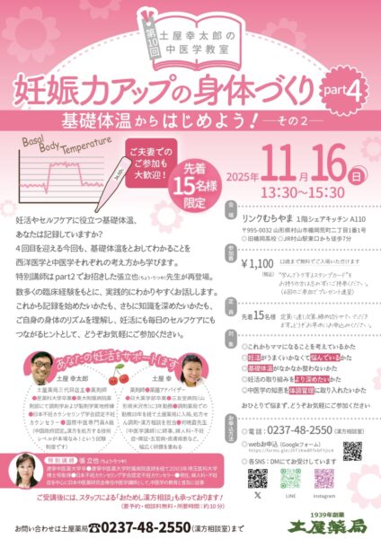 妊娠力アップの身体づくりPART4ポスター。山形県村山市リンクむらやまで11月16日開催、基礎体温表の見方や中医学での体質診断、養生法を学び妊活や妊娠前の身体づくりをサポート