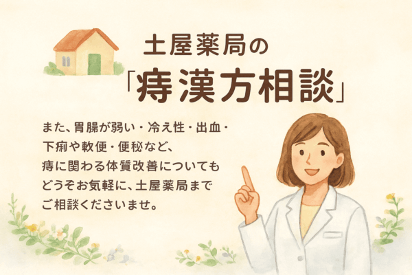 土屋薬局の“痔の漢方相談”を案内する水彩画風イラスト。白衣の薬剤師がやさしく指を示し、胃腸虚弱・冷え性・出血・下痢・軟便・便秘など、痔に関わる体質改善を漢方でサポートできることを表現。柔らかな背景と草花のモチーフで明るく安心感のある雰囲気を描き、山形の地域薬局として気軽に相談できることを伝える画像。