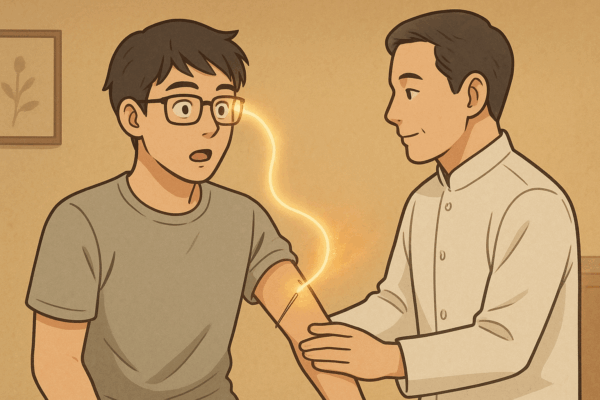 24歳の男性・土屋幸太郎が初めて鍼治療を受ける様子。上腕のツボに鍼を打たれ、経絡に沿って目の奥に響く感覚に驚く。メガネをかけ、驚きながらも好奇心を持って体験する姿。鍼灸で目の経絡に反応する珍しい体質を表現。