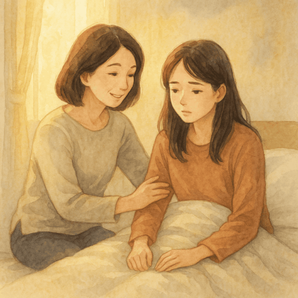 朝、起き上がるのがつらい高校生の娘に、お母さんが寄り添って布団の上で支えている様子。起立性調節障害による立ちくらみやだるさに悩む子どもを、優しく励ますイメージを描いた水彩風イラスト。