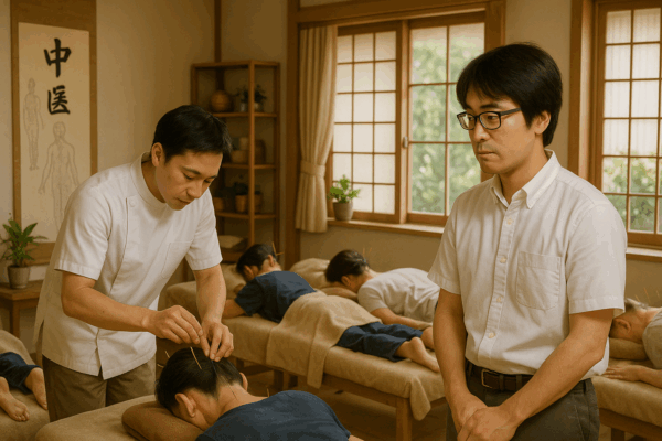 関東の中医学と鍼灸が併設された施設。目の疾患の患者さん5〜6人が鍼灸台にうつ伏せで寝ている。後頭部の髪の生え際に太めの中国鍼が打たれている。鍼灸師が丁寧に施術している。若き土屋幸太郎(24歳)が見学し、学んでいる姿。落ち着いた雰囲気の治療室で、自然光が差し込む清潔感のある和風インテリア。
