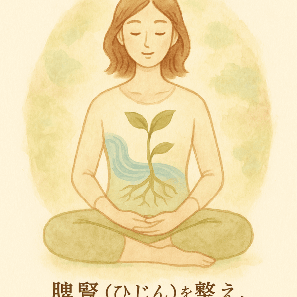 女性が穏やかに座って呼吸を整える水彩画風のイラスト。体の中に水(腎)と土(脾)のバランスが描かれ、水が流れ、根から芽が伸びる様子で生命の循環を表現。脾腎を整えることでホルモンバランスと卵子の質を守る、妊活や高齢妊活のための漢方的な体づくりのイメージ。