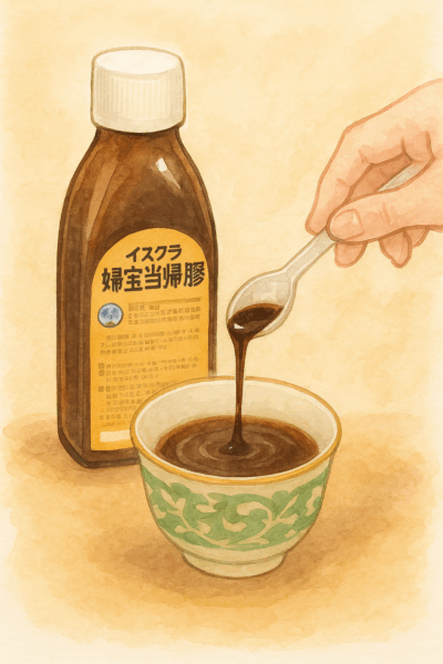 婦宝当帰膠のボトルと湯のみを前に、スプーンでとろりとお湯に溶かしている様子を描いた水彩風イラスト。やさしい光が差し込み、ほっこりとした温かみのある雰囲気。冷え性や血虚、妊活・美容養生にも役立つ婦宝当帰膠を表現している。