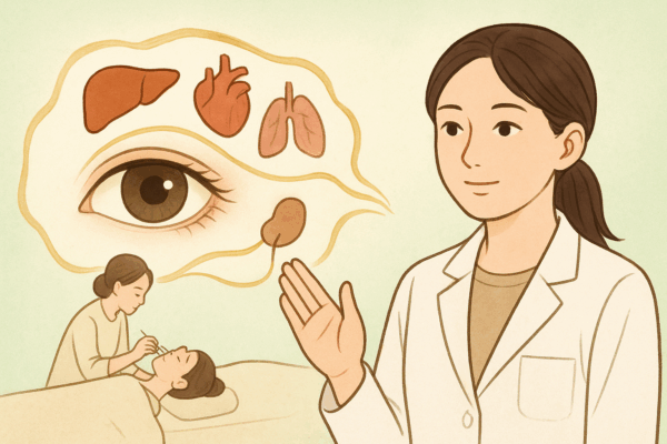 中医眼科の考え方を表すイラスト。白衣の東洋系の若い鍼灸師が患者の治療を見守り、背景には目と肝・心・肺・腎・脾が経絡でつながって描かれ、目と五臓六腑の関係を示している。