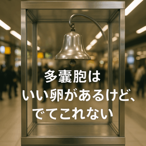 東京駅の地下「銀の鈴広場」に展示されたガラスケースの中の銀色の鈴。背景には人々が行き交う駅の通路がぼんやりと見え、ガラス面には「多嚢胞はいい卵があるけど、でてこれない」という白い文字が印象的に浮かび上がっている。希望と閉ざされた思いを対比させたリアルな写真風イメージ。