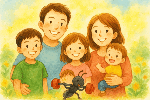 明るい水彩+アニメ風のイラスト。笑顔の夫婦と3人の子どもが並んで立ち、温かい春の光に包まれている。家族の足元では黒いアリ🐜が小さなバーベルを持ち上げており、生命力と家族の幸せ、妊活の実りを象徴する優しい雰囲気。