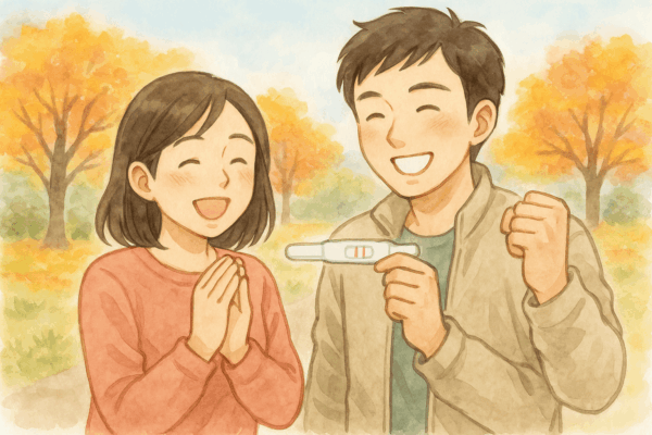 漢方服用から1ヶ月で妊娠がわかった20代の若いカップルが、喜びと希望に満ちた笑顔を見せる水彩風イラスト。女性が妊娠検査薬を手にし、男性が隣で優しく見守っている。春の光と花々に包まれた、幸せと温もりを感じる場面。