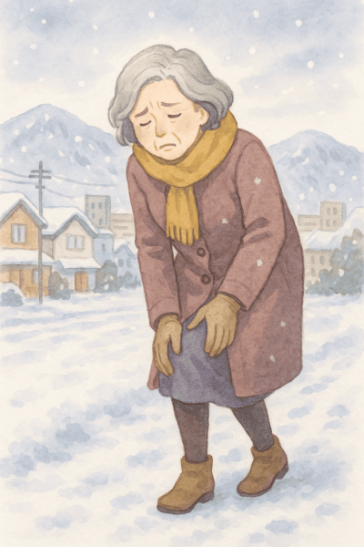 雪国の冬の風景の中で、60代くらいの女性が膝に手を当てて立ち止まっているイラスト。山形の雪道と街並みを背景に、寒さで膝の痛みを感じる様子をやさしい水彩タッチで描いている。