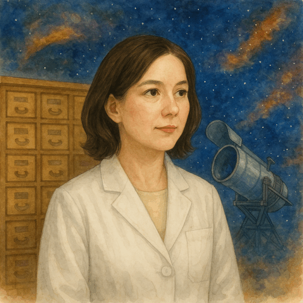 白衣を着た40代の女性漢方医が、薬局の百味箪笥の前に立ち、背後には宇宙空間と大きな望遠鏡が描かれている水彩画イラスト。透明感のある肌と頬の紅、肩までの髪が柔らかく描かれ、“目と宇宙のつながり”を象徴する幻想的な雰囲気。