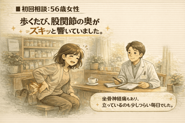 歩くと股関節の奥が響くように痛み、坐骨神経痛にも悩んでいた56歳女性が、初めて漢方相談に訪れ、落ち着いた表情で話をしている様子を、やさしいタッチで描いたイラスト