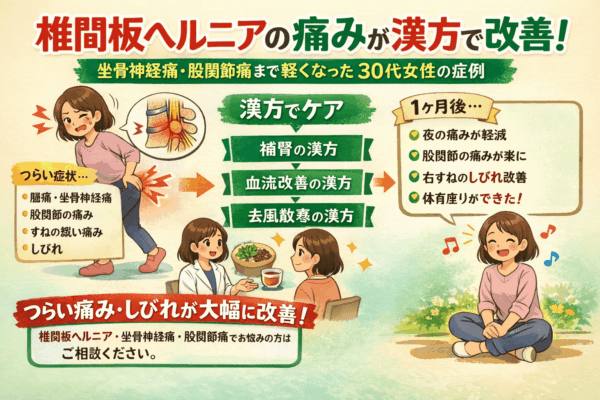 椎間板ヘルニアによる腰痛・坐骨神経痛・股関節痛に悩む30代女性が、補腎と血流改善を中心とした漢方ケアで痛みとしびれが軽減し、体育座りができるまで回復した症例を示すイラスト