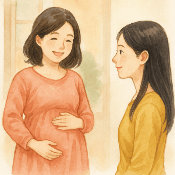 結婚16年目で初めて妊娠・出産に成功した女性が、友人である30歳の女性に当店の漢方相談を紹介している場面を描いた明るい水彩画イラスト。優しく微笑みながら体験を伝える様子を表現。