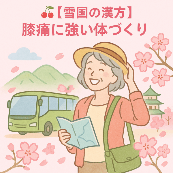 膝痛が改善して旅行を楽しむ60代女性のイラスト。春の山形で観光バスを背景に、地図を手に笑顔で立つ姿。桜の花が咲き誇り、🍒マークと「雪国の漢方　膝痛に強い体づくり」の文字入り。膝痛の改善と前向きな日常を表現した温かい水彩風イラスト。