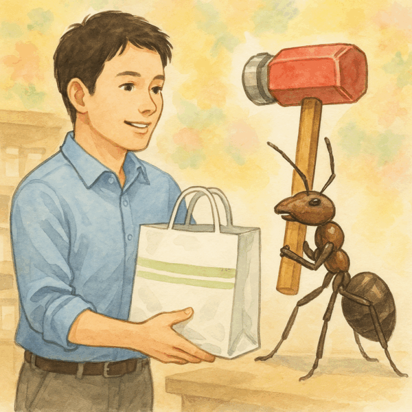 明るい水彩画風のイラスト。30〜40代の男性が薬局で漢方薬を受け取って微笑んでいる。横では大きなアリ🐜が赤いハンマーを力強く持ち上げており、男性不妊・妊活での生命力や活力を象徴するユニークで印象的な構図。