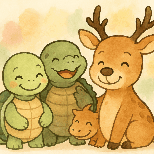 明るい水彩画風のイラスト。にっこり笑う亀、スッポン、鹿の3匹が仲良く並んでいる。亀鹿仙をイメージした構図で、亀の甲羅とスッポンの丸い甲羅、鹿の立派な角が調和し、温かく親しみやすい雰囲気に描かれている。