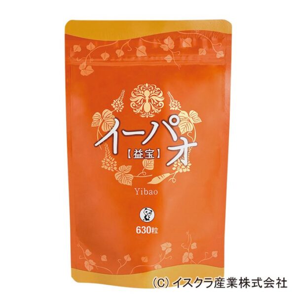 イーパオの大袋商品の写真。金色と赤色を基調としたパッケージで、力強いアリ🐜のイラストと『イーパオ』の文字が印刷されている。男性の活力や妊活サポート、疲労回復を目的とした食用アリ配合の漢方製品。