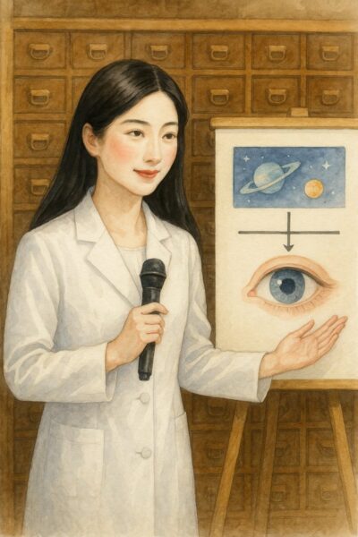 白衣を着た40代の女性漢方医が、薬局の百味箪笥の前に立ち、背後に宇宙空間と大きな望遠鏡が広がる“中医眼科”を象徴する水彩画イラスト。透明感のある白い肌と頬の紅、肩までの黒髪が柔らかく描かれ、目と宇宙のつながりを表現。中医眼科の勉強会や漢方による目の健康、黄斑浮腫などの中医学的アプローチを想起させる幻想的な雰囲気の画像。