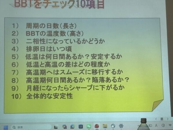妊活のための基礎体温チェック10項目をまとめた図表。月経周期や高温期・低温期の特徴、排卵状態、ホルモンバランスなどを確認できる一覧表の写真。