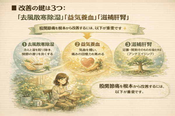 股関節痛の改善に大切な三つの考え方として、冷えや湿を取り除くこと、気血を補って回復力を高めること、足腰や関節の土台を養うことを、中医学の視点からやさしいイラストで示した図