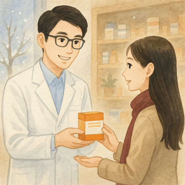 水彩画風のイラスト。30代の若い男性薬剤師が黒縁メガネをかけ、白衣姿で笑顔を浮かべている。黒髪のロングヘアの女性がカウンターで亀鹿仙や冠元顆粒、婦宝当帰膠などの漢方薬を受け取っており、木の温もりある店内に信頼感と安心感が感じられる土屋薬局のシーン。