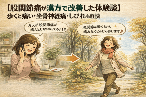 股関節痛と坐骨神経痛で歩くのがつらかった50代女性が、漢方相談を続ける中で痛みが軽くなり、友人が電話で回復を喜ぶ様子と、本人が笑顔で楽に歩けるようになった姿を描いたイラスト