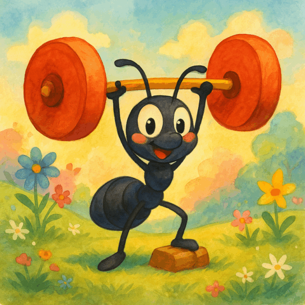明るい水彩+アニメ風のイラスト。ミッキーのように丸いフォルムの黒いアリ🐜が、楽しそうに小さなバーベルを持ち上げている。背景は光の粒が舞う幻想的な草原で、生命力と希望、妊活や活力を象徴する可愛らしいファンタジーの世界。