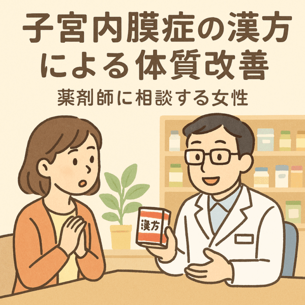 土屋薬局で女性が薬剤師に漢方相談をしている様子を描いた、優しい水彩風イラスト。妊活や子宮内膜症、生理痛、不正出血など女性特有の悩みを丁寧に相談できる雰囲気を表現。落ち着いた店内で、体質改善や漢方による妊活サポートを受ける場面が伝わる画像。