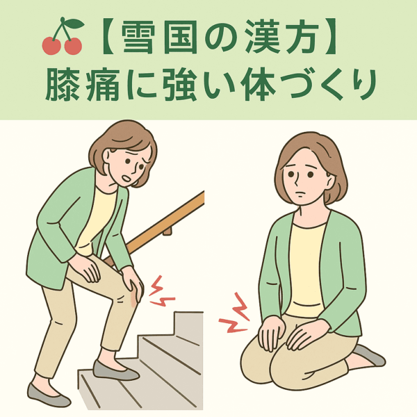 階段を上るときや正座をする際に膝に痛みを感じる60代の女性を描いたイラスト。土屋薬局のイメージカラーである緑を基調に、「雪国の漢方　膝痛に強い体づくり」というタイトルと🍒マークが入っている。膝痛の漢方相談をイメージした優しい水彩タッチのデザイン。