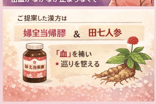 不正出血の漢方相談で用いた、婦宝当帰膠と田七人参をイラストで示したもの