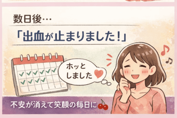 不正出血が落ち着き、ほっとした表情を浮かべる女性の様子をやさしく表現したイラスト

