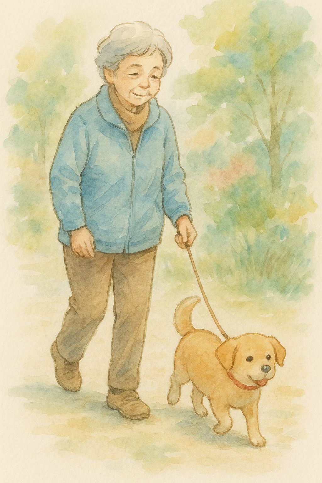 脊柱管狭窄症による坐骨神経痛で歩行がつらかった70代女性が、漢方による体質改善で犬の散歩に出かけられるようになった様子のイラスト