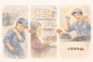 冷えや体を使う仕事による肩の痛みに悩む自動車整備士と、家族が相談に訪れた薬局の場面をイメージしたイラスト。