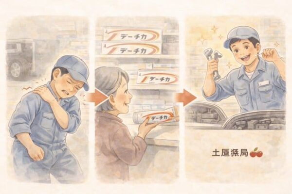 冷えや体を使う仕事による肩・腰のつらさに悩む自動車整備士と、家族が土屋薬局でデーチカを選び、日常が前向きに変化していく様子を表現したイラスト