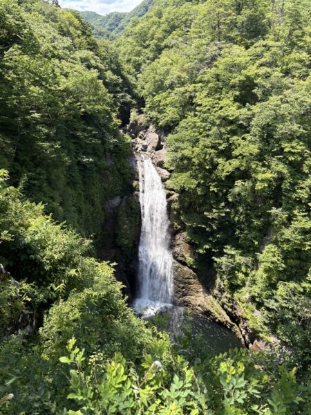 夏の秋保大滝。迫力ある水流と周囲の自然の景観。