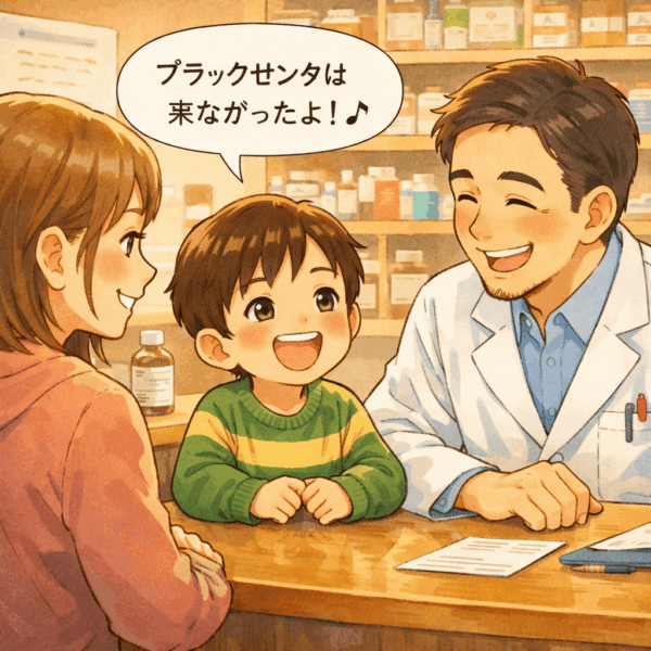 薬局で親子が並び、子どもとの会話が始まる穏やかな場面を描いたイラスト