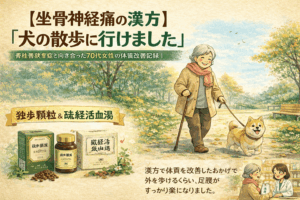 脊柱管狭窄症による坐骨神経痛で歩行がつらかった70代女性が、漢方による体質改善を続けた結果、犬の散歩に行けるまで回復した体験を描いたイラスト