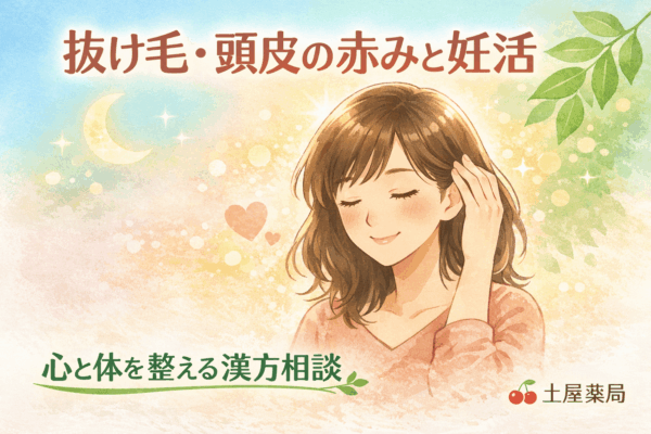 抜け毛や頭皮の赤み、妊活中の不調をやさしくイメージした漢方相談のイラスト