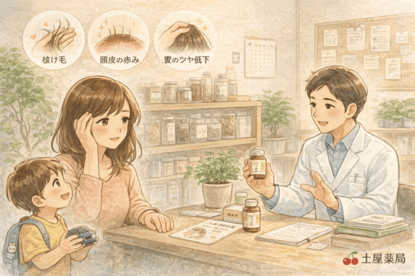 5年前に妊活相談を受けた女性が、成長した子どもと一緒に来店し、抜け毛や頭皮の赤みについて漢方相談を受けている様子を描いたイラスト