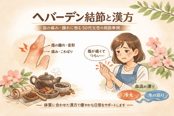 ヘバーデン結節の痛みと腫れに悩む50代女性が、漢方相談を通じて指の動きが楽になっていく様子を描いたイラスト