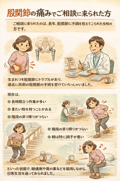 股関節の痛みで相談に来られた女性。生まれつき股関節にトラブルがあり、過去に両側の股関節手術を受け、長時間の立ち仕事や階段の昇り降りで痛みを感じている様子をイラストで表現
