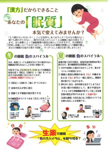 漢方による眠質改善と、冬と夏それぞれの睡眠の負のスパイラルを説明した図解イラスト